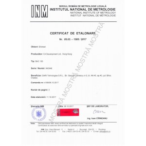 Metrological Calibration Certificate issued by BRML-INM, Bucharest for Alcohol Analyzers